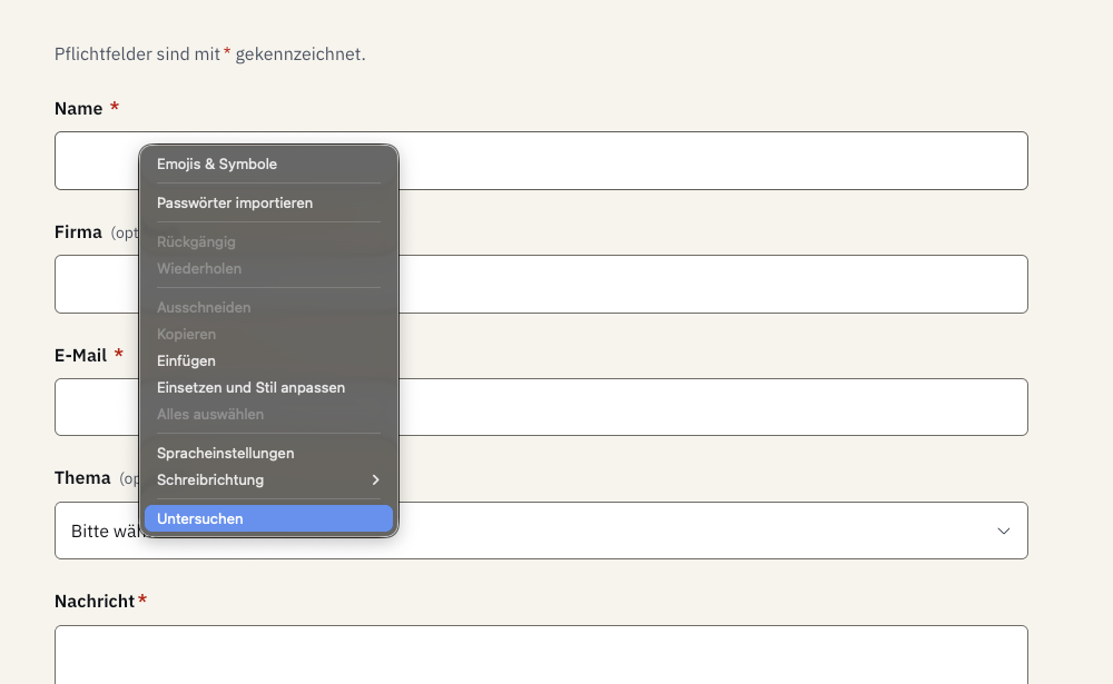 Kontextmenü im Browser mit hervorgehobenem Eintrag „Untersuchen“
